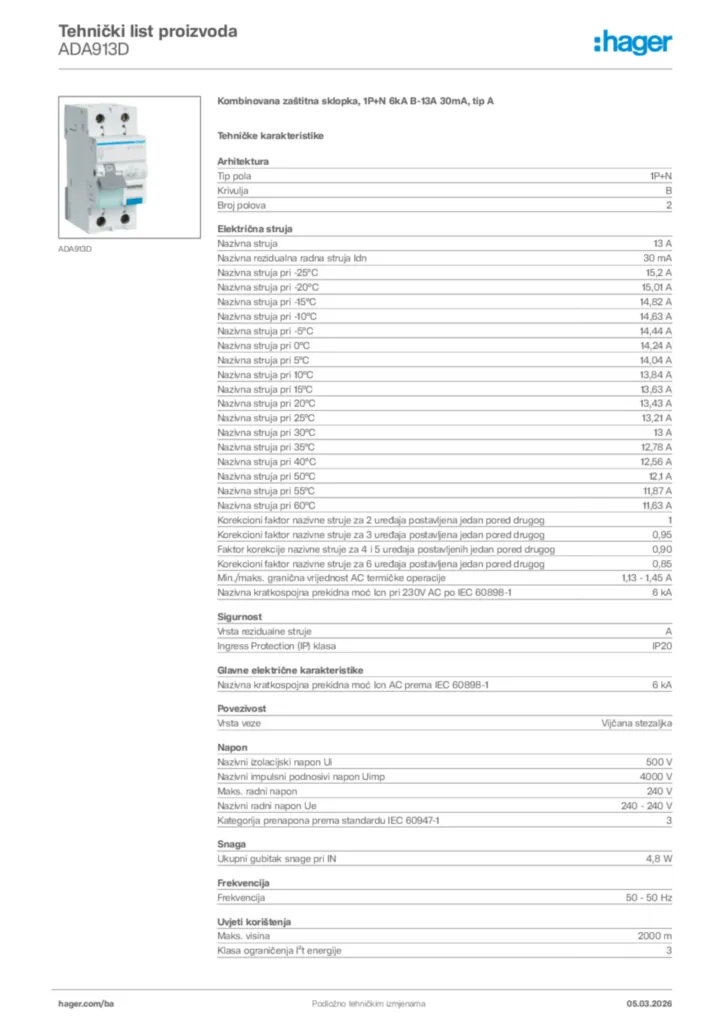 Slika Hager Tehnički list proizvoda ADA913D  | Hager