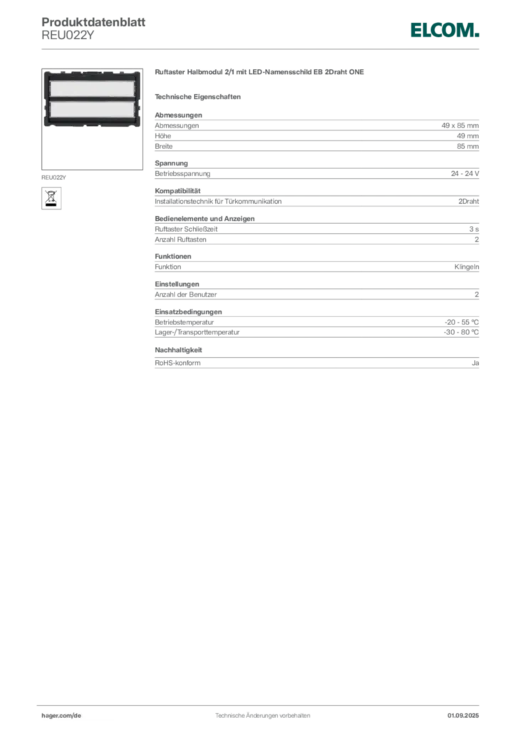 Elcom Produktdatenblatt REU022Y