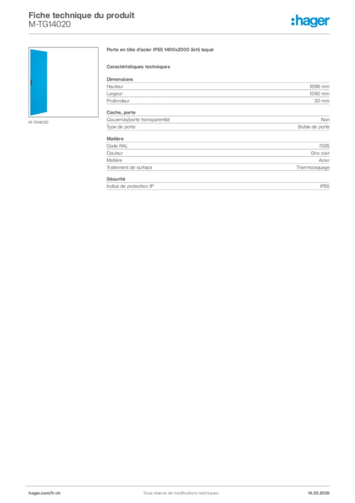 Image Hager Fiche technique du produit M-TG14020 | Hager Suisse