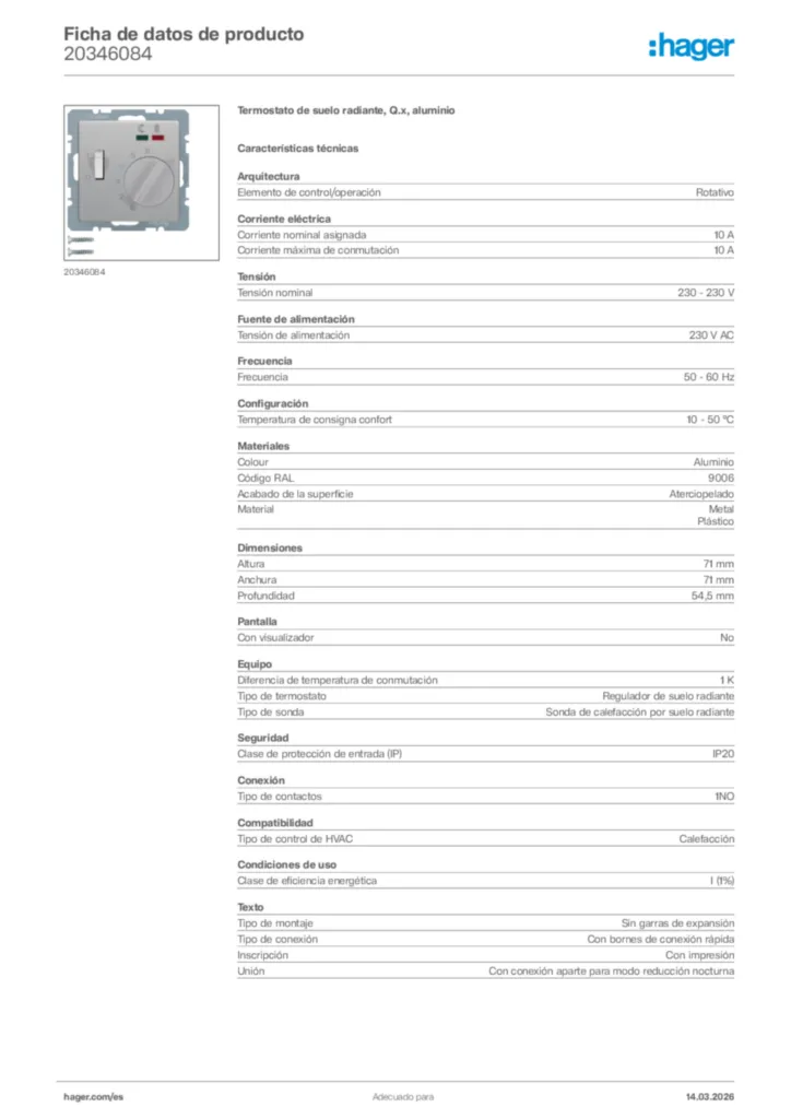 Imagen Hager Ficha de datos de producto 20346084 | Hager España