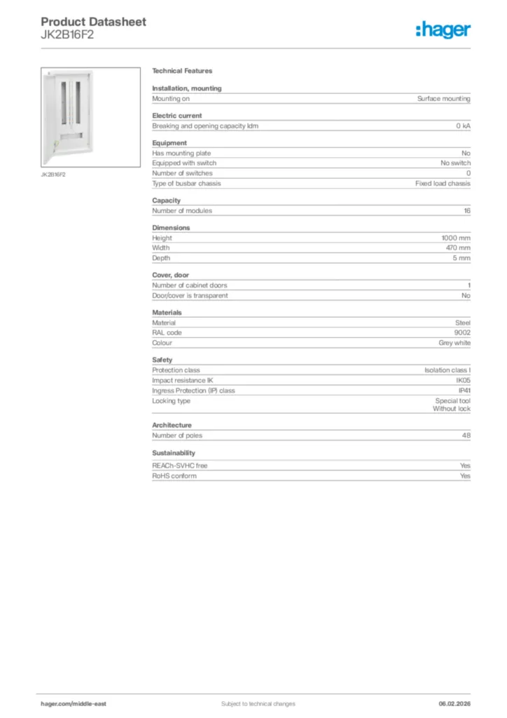 Image Hager Product data sheet JK2B16F2  | Hager