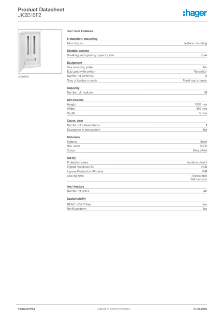 Image Hager Product data sheet JK2B16F2  | Hager