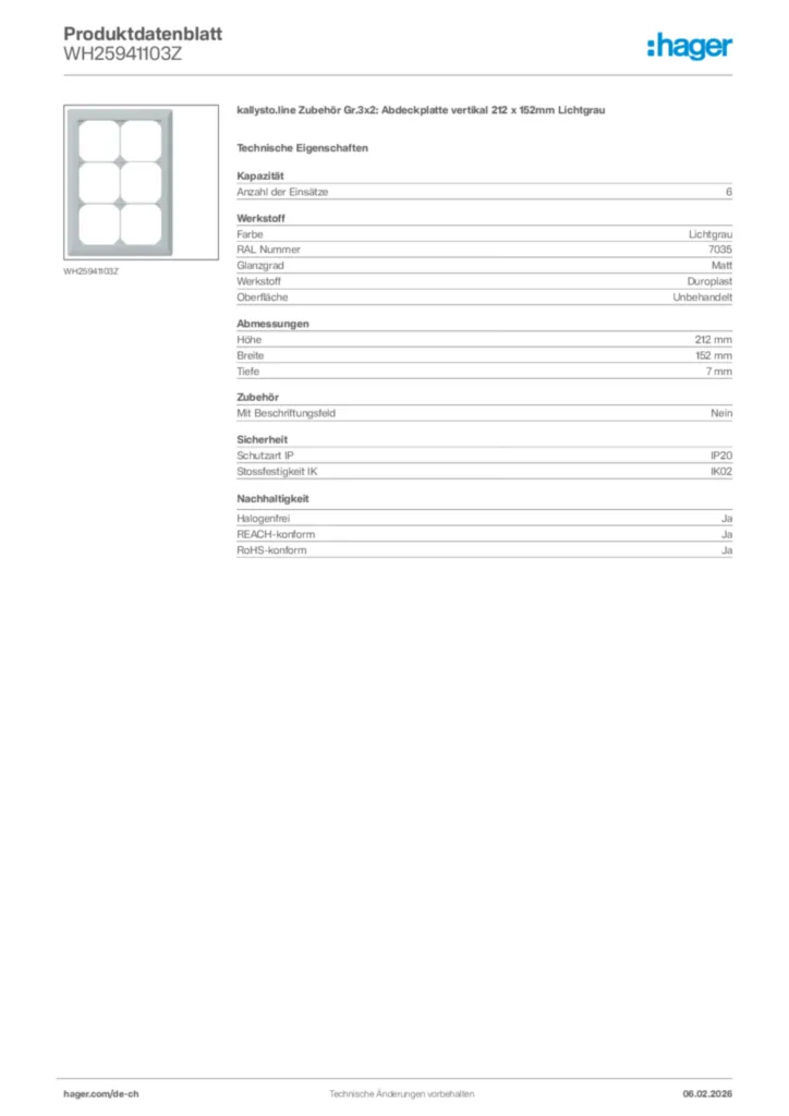 Bild Hager Produktdatenblatt WH25941103Z | Hager Schweiz