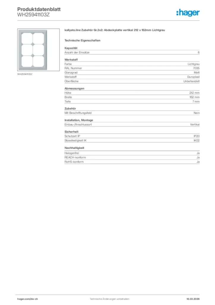 Bild Hager Produktdatenblatt WH25941103Z | Hager Schweiz