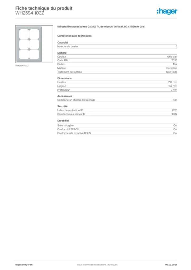 Image Hager Fiche technique du produit WH25941103Z | Hager Suisse