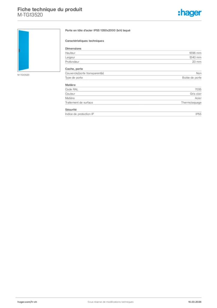 Image Hager Fiche technique du produit M-TG13520 | Hager Suisse