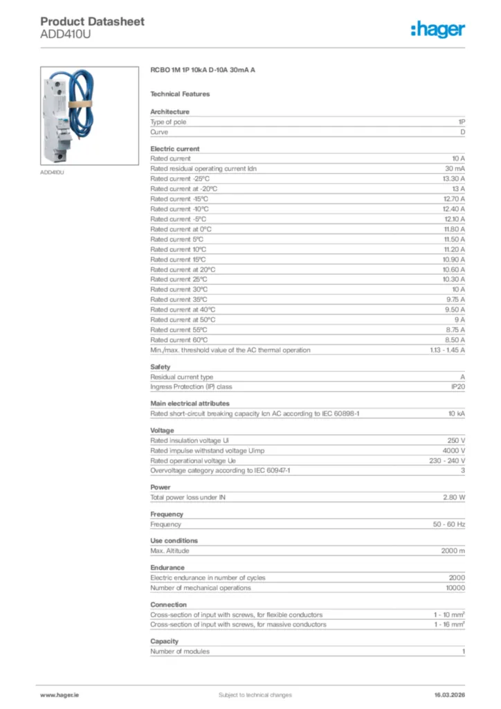 Image Hager Product data sheet ADD410U  | Hager