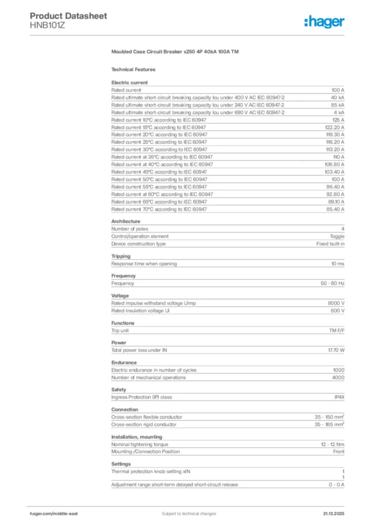 Image Hager Product data sheet HNB101Z  | Hager