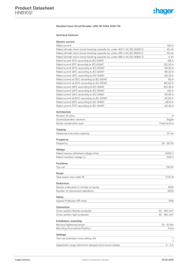 Image Hager Product data sheet HNB101Z  | Hager