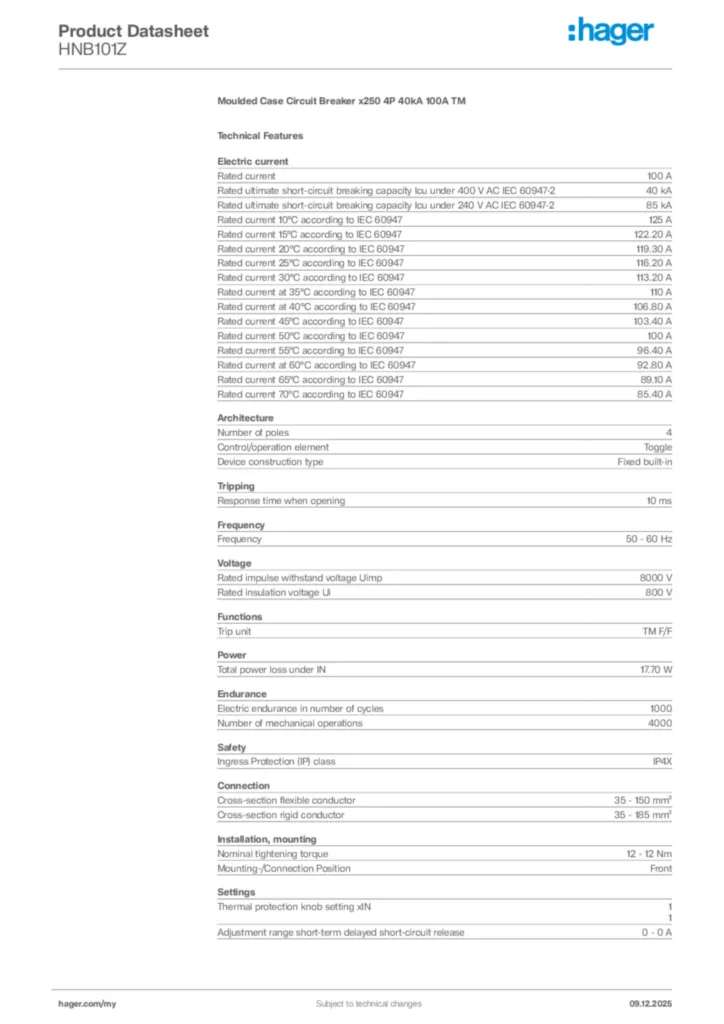 Image Hager Product data sheet HNB101Z  | Hager