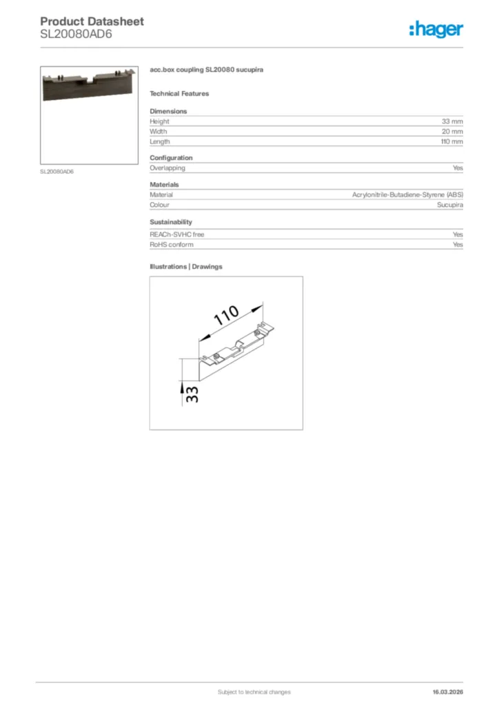 Image Hager Product data sheet SL20080AD6  | Hager Africa