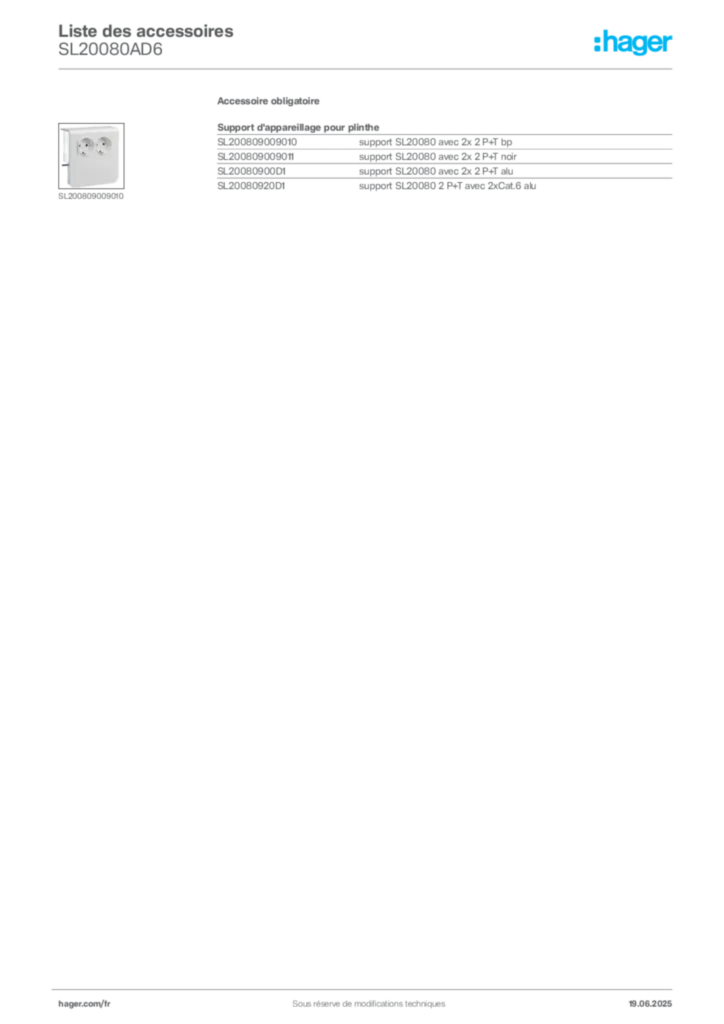 Image Hager Fiche technique du produit SL20080AD6 | Hager France