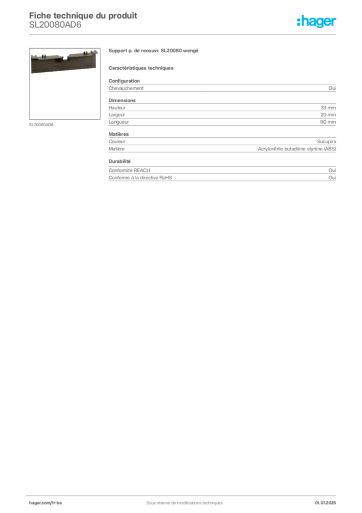 Image Hager Fiche technique du produit SL20080AD6 | Hager Belgique