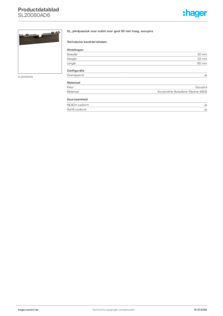 Afbeelding Hager Productdatablad SL20080AD6 | Hager Belgium