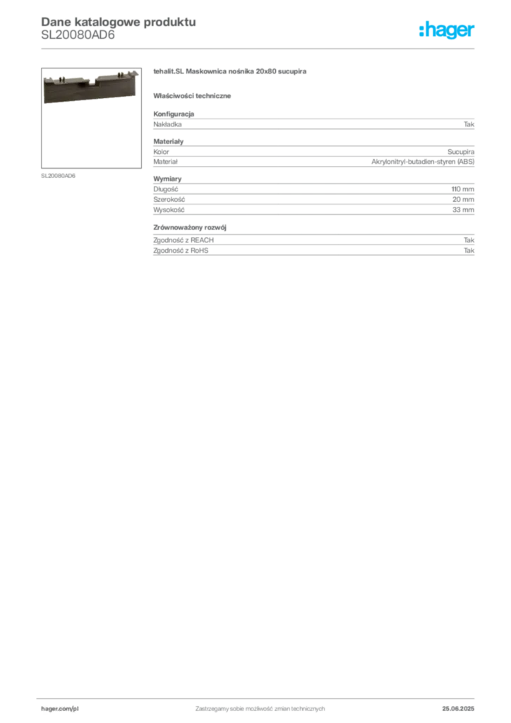 Zdjęcie Hager Dane katalogowe produktu SL20080AD6 | Hager Polska