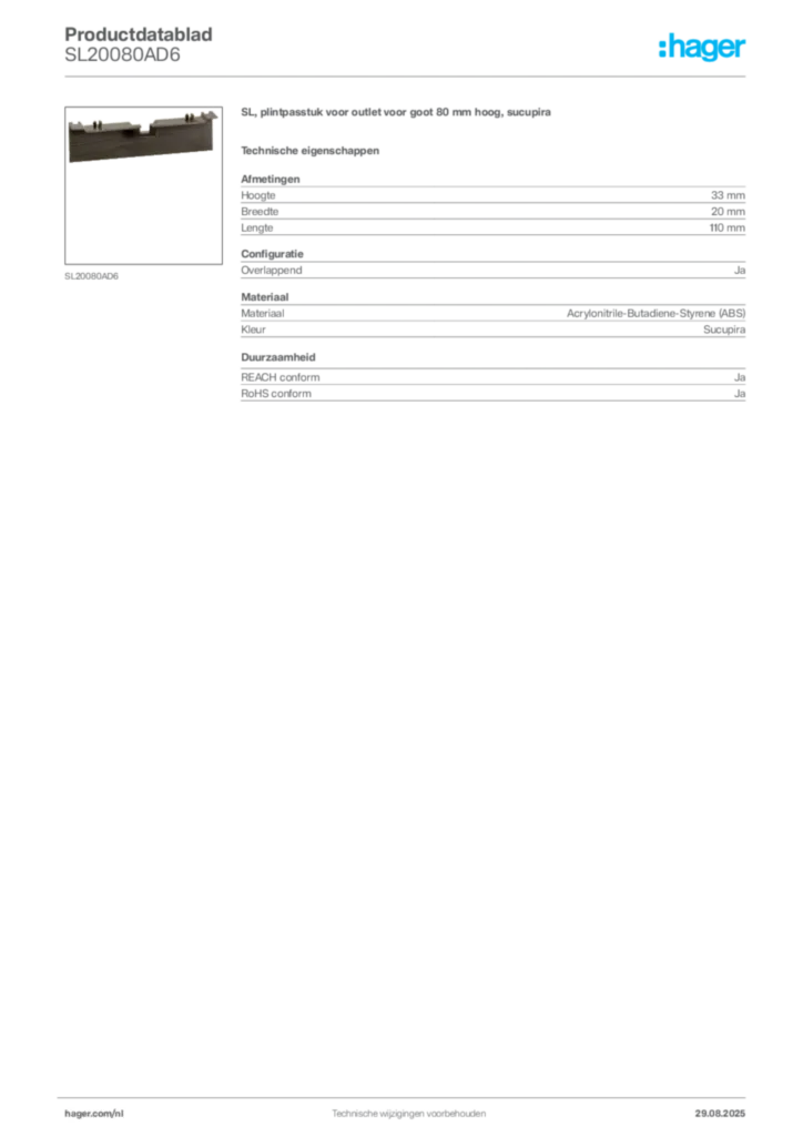 Afbeelding Hager Productdatablad SL20080AD6 | Hager Nederland