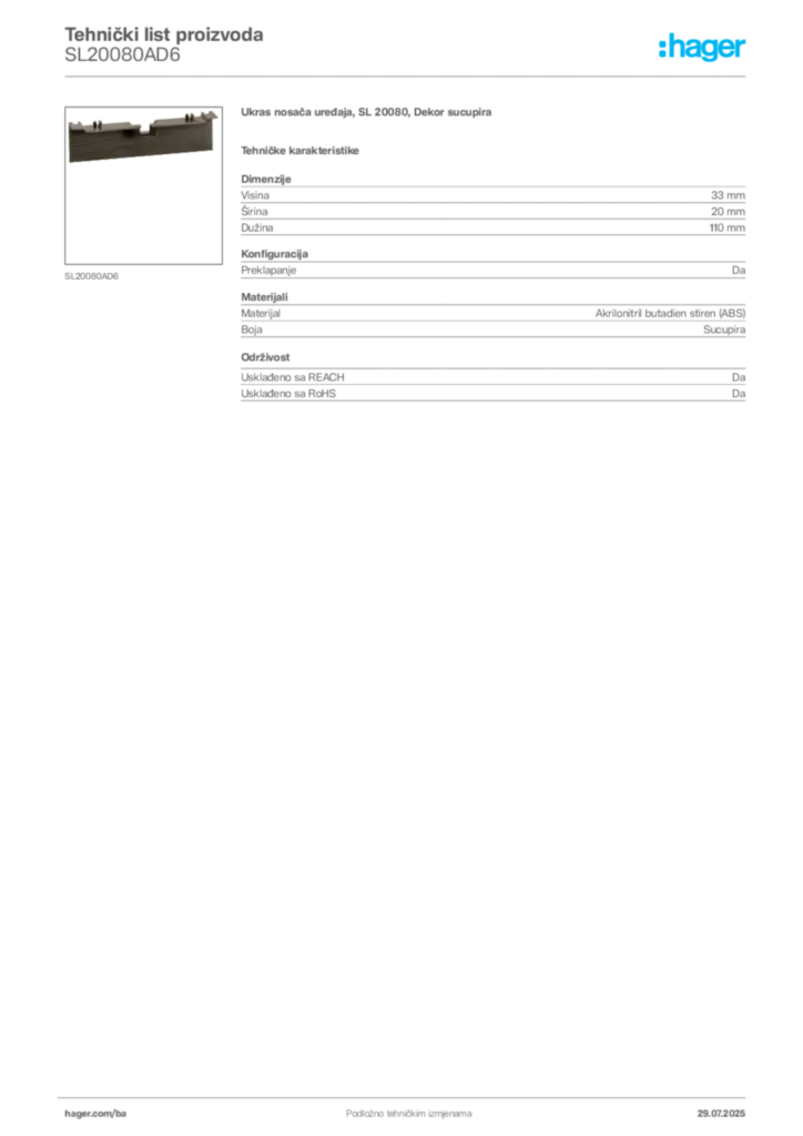 Slika Hager Product data sheet SL20080AD6  | Hager