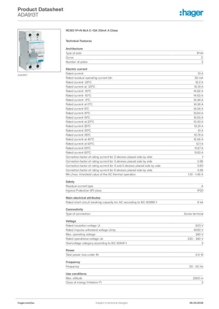 Image Hager Product data sheet ADA913T  | Hager Australia