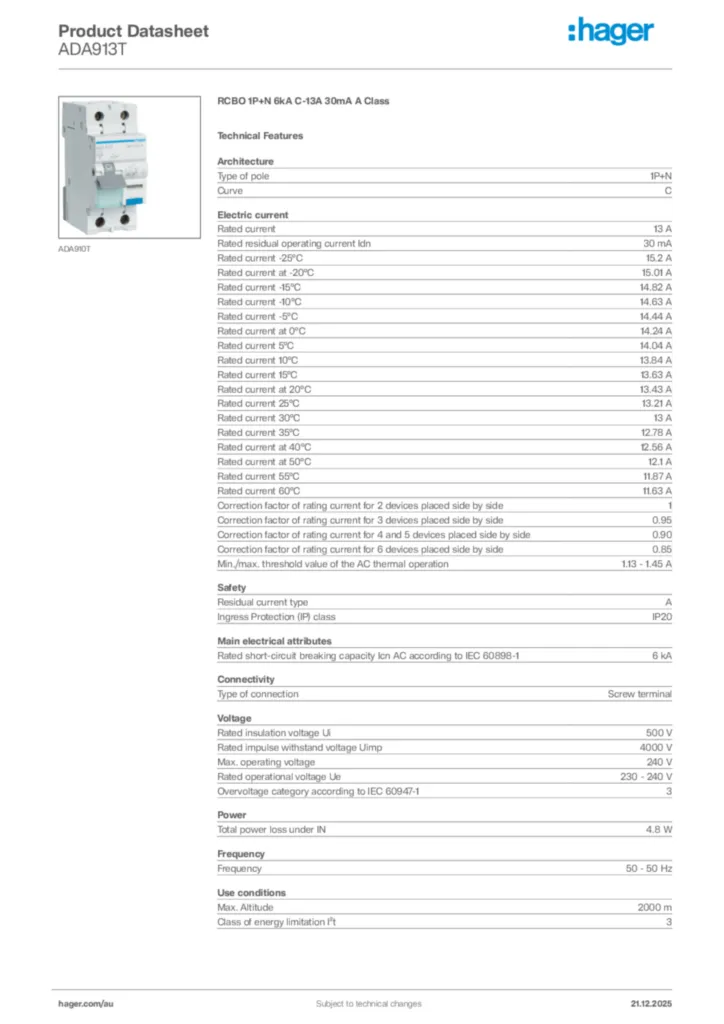 Image Hager Product data sheet ADA913T  | Hager Australia