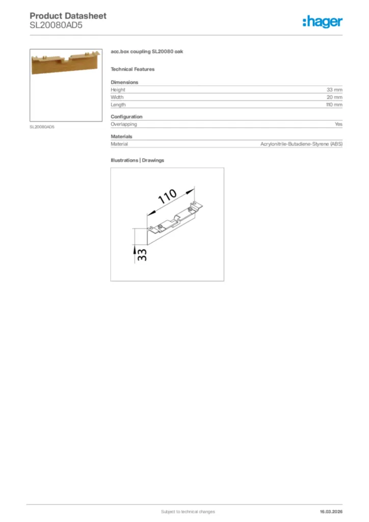 Image Hager Product data sheet SL20080AD5  | Hager Africa
