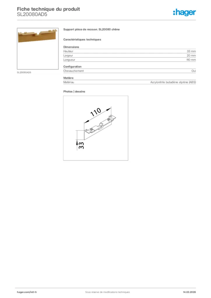 Image Hager Fiche technique du produit SL20080AD5 | Hager Afrique