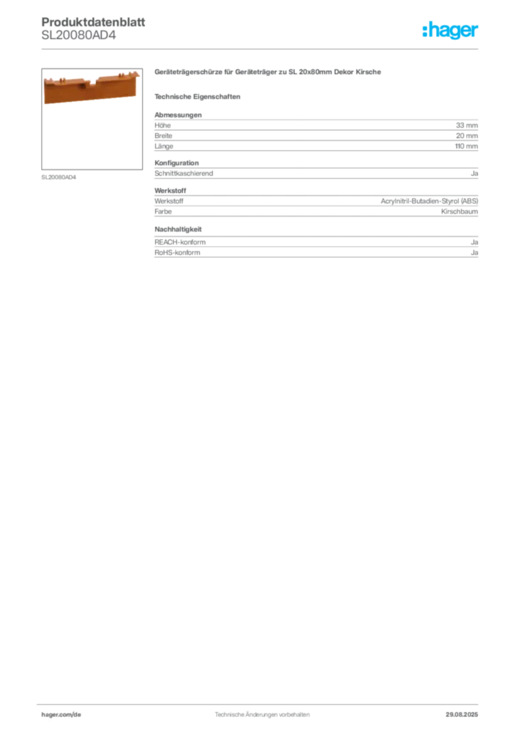 Bild Hager Produktdatenblatt SL20080AD4 | Hager Deutschland