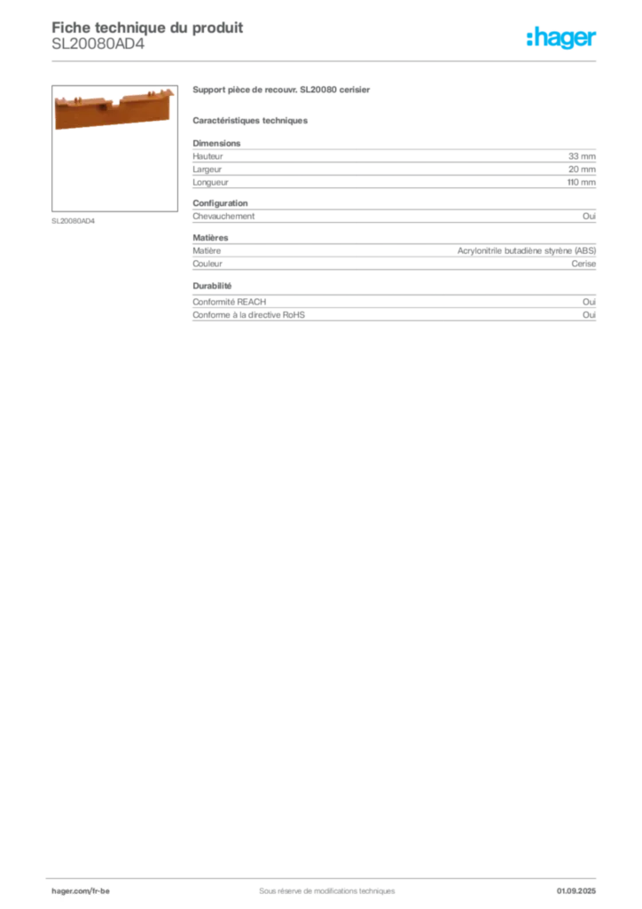 Image Hager Fiche technique du produit SL20080AD4 | Hager Belgique
