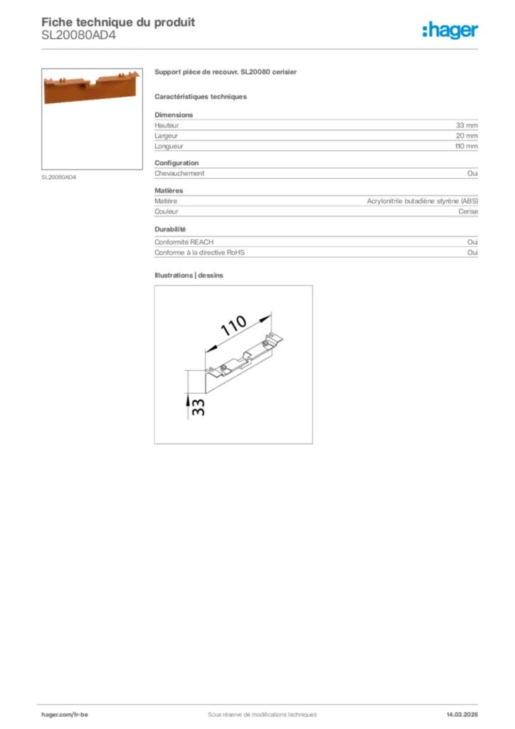 Image Hager Fiche technique du produit SL20080AD4 | Hager Belgique