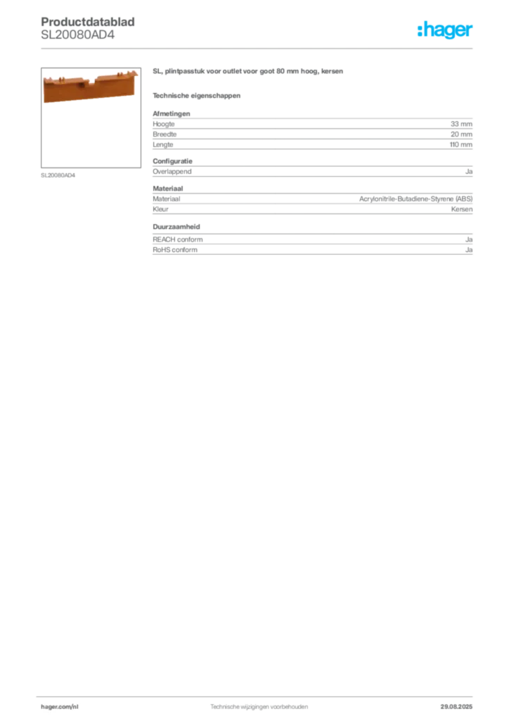 Afbeelding Hager Productdatablad SL20080AD4 | Hager Nederland