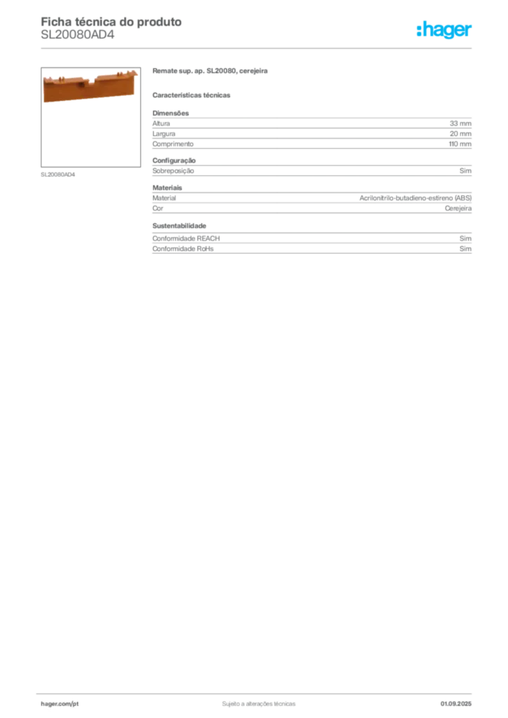 Imagem Hager Ficha técnica do produto SL20080AD4 | Hager Portugal