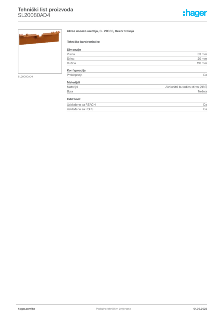 Slika Hager Tehnički list proizvoda SL20080AD4  | Hager