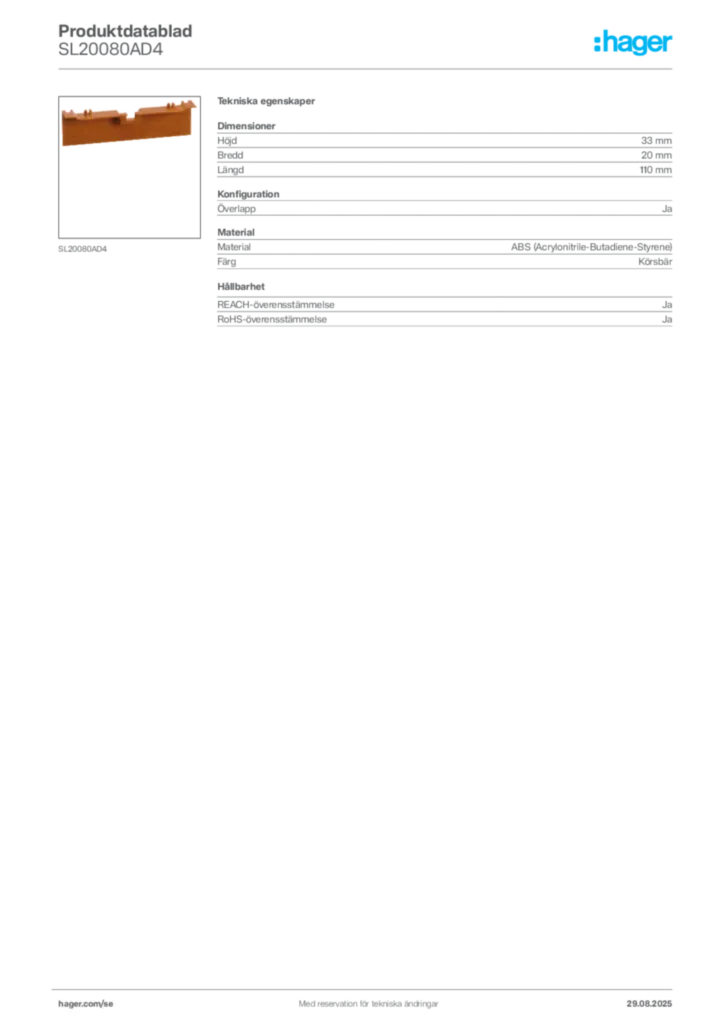 Bild Hager Produktdatablad SL20080AD4 | Hager Sverige