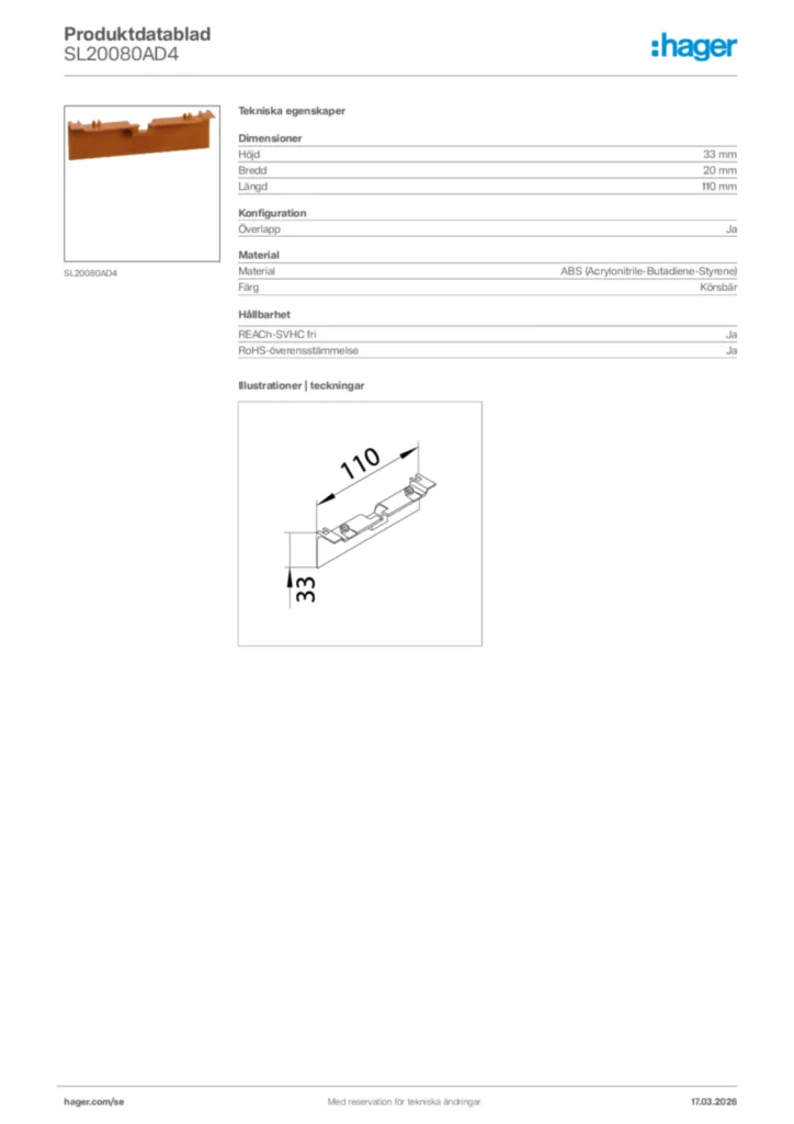 Bild Hager Produktdatablad SL20080AD4 | Hager Sverige