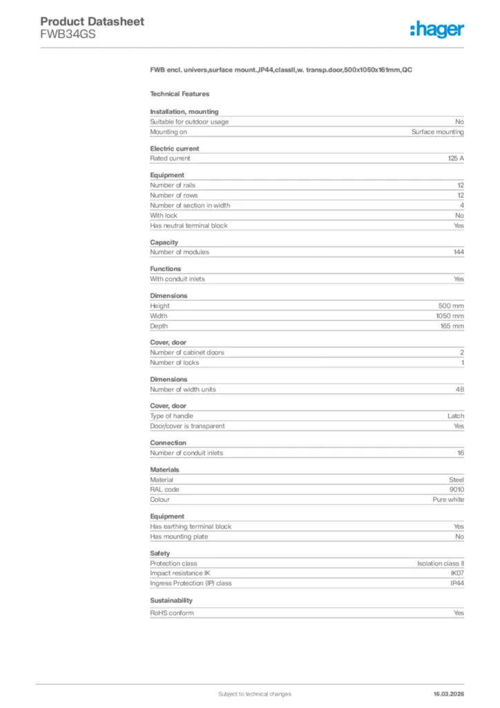 Image Hager Product data sheet FWB34GS  | Hager Africa