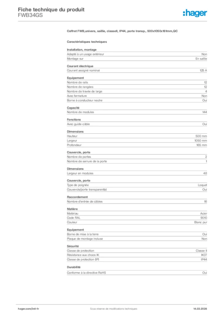 Image Hager Fiche technique du produit FWB34GS | Hager Afrique