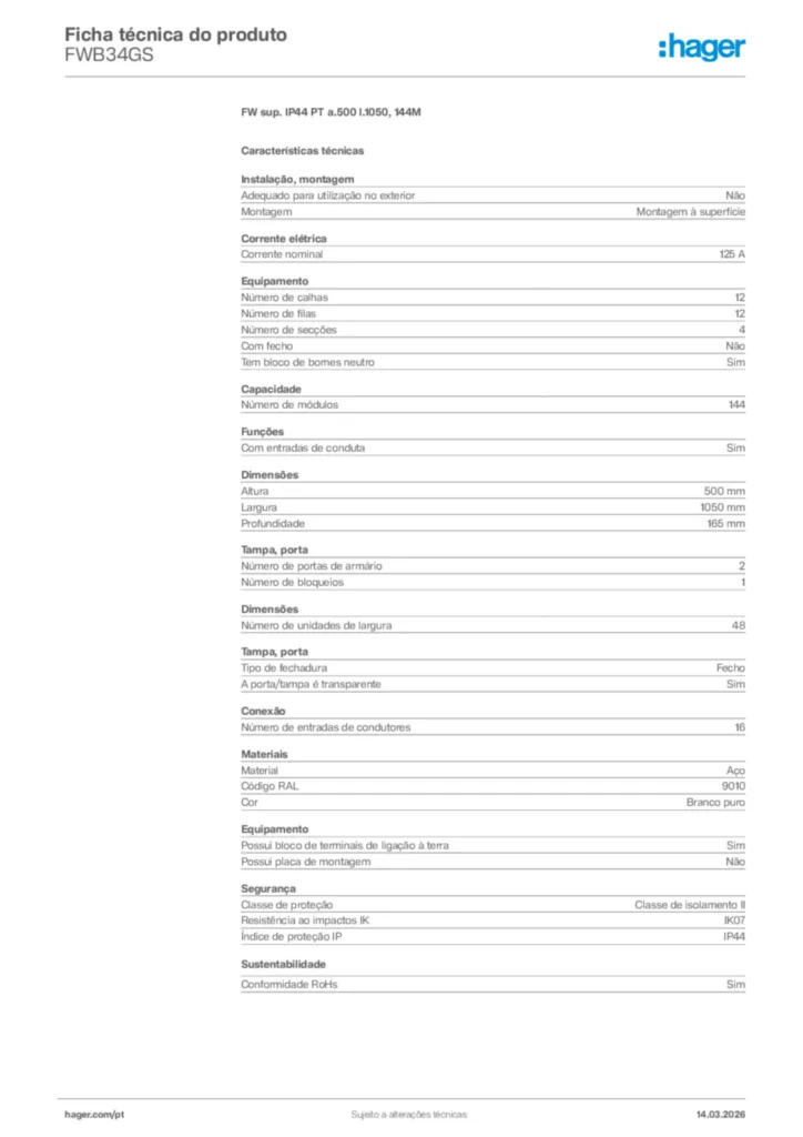 Imagem Hager Ficha técnica do produto FWB34GS | Hager Portugal