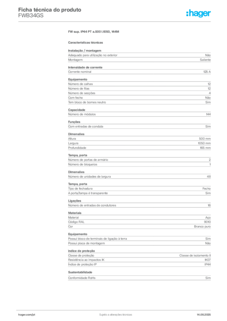 Imagem Hager Ficha técnica do produto FWB34GS | Hager Portugal
