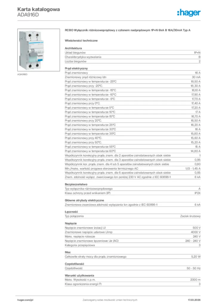 Zdjęcie Hager Karta katalogowa ADA916D | Hager Polska