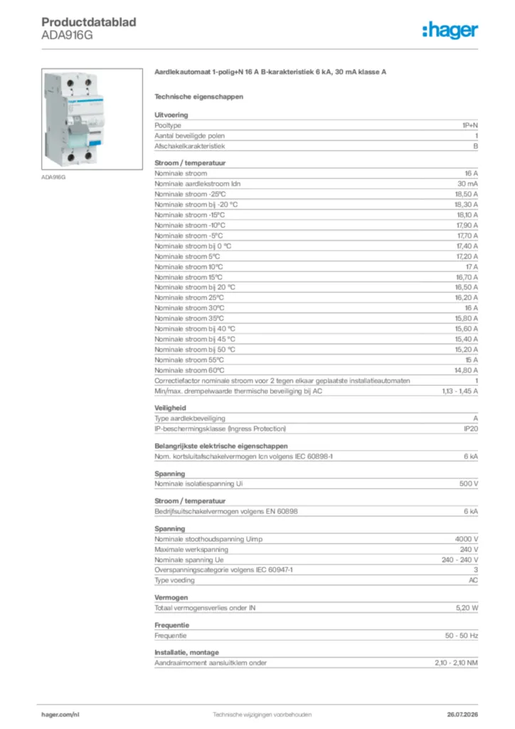 Afbeelding Hager Productdatablad ADA916G | Hager Nederland