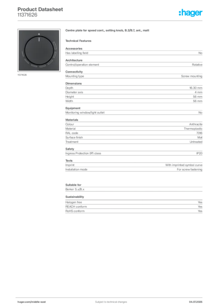 Image Hager Product data sheet 11371626  | Hager
