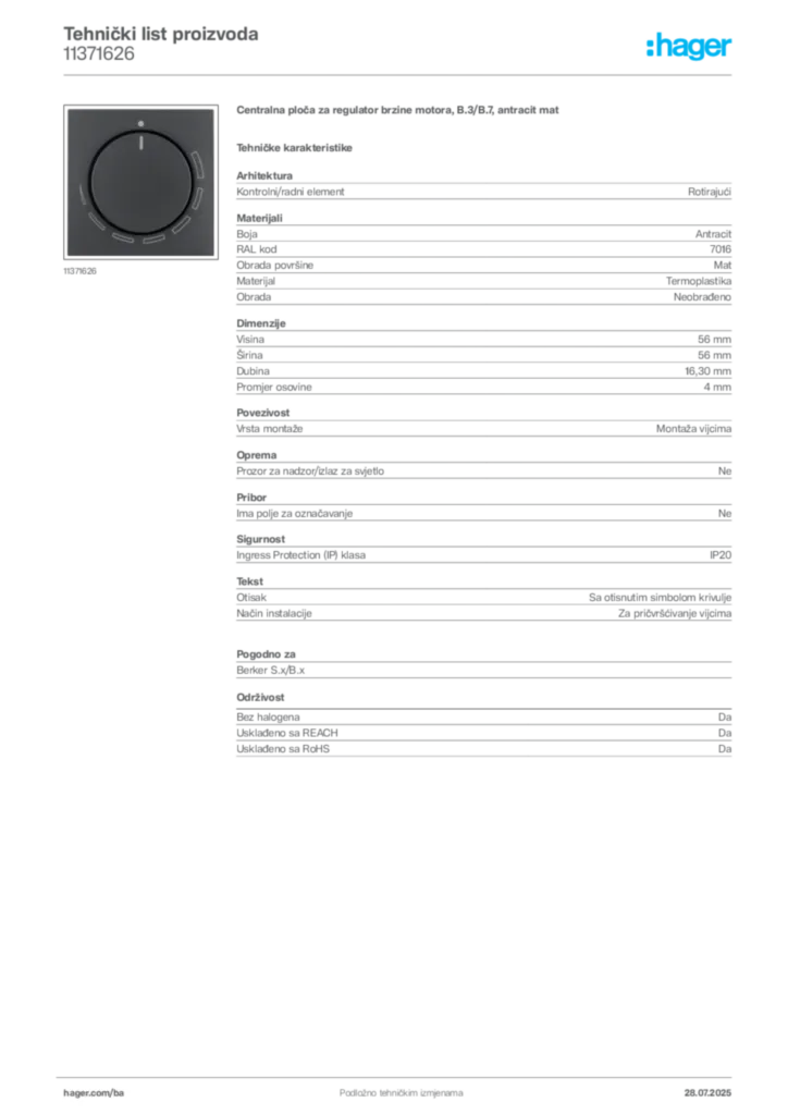 Slika Hager Product data sheet 11371626  | Hager