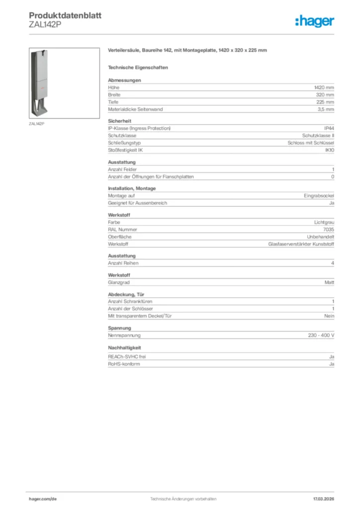 Bild Hager Produktdatenblatt ZAL142P | Hager Deutschland
