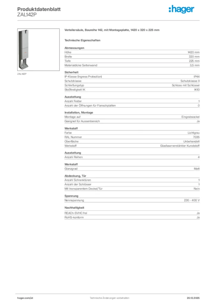 Bild Hager Produktdatenblatt ZAL142P | Hager Deutschland