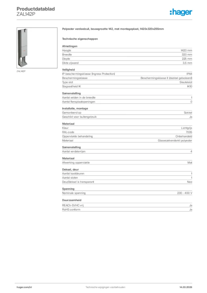 Afbeelding Hager Productdatablad ZAL142P | Hager Nederland