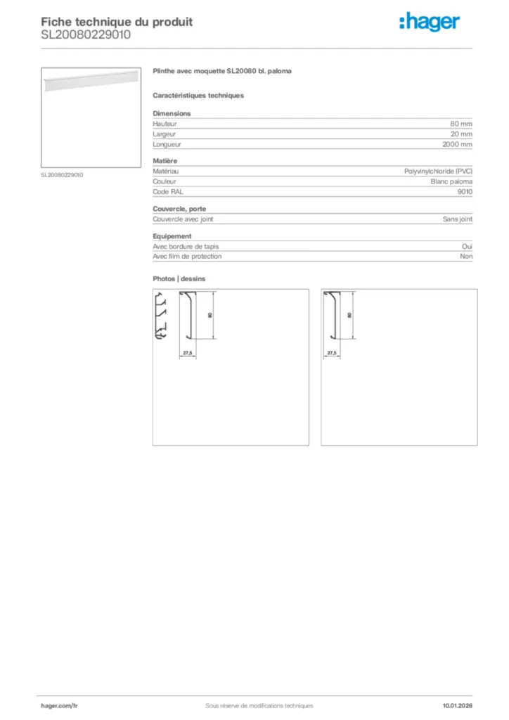 Image Hager Fiche technique du produit SL20080229010 | Hager France