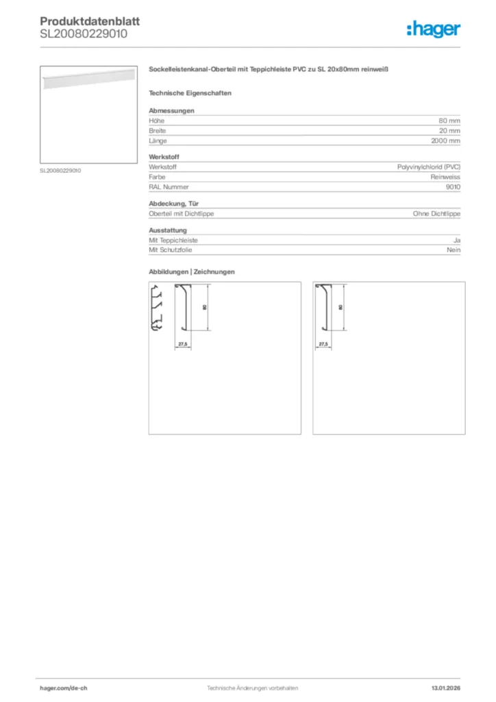 Bild Hager Produktdatenblatt SL20080229010 | Hager Schweiz