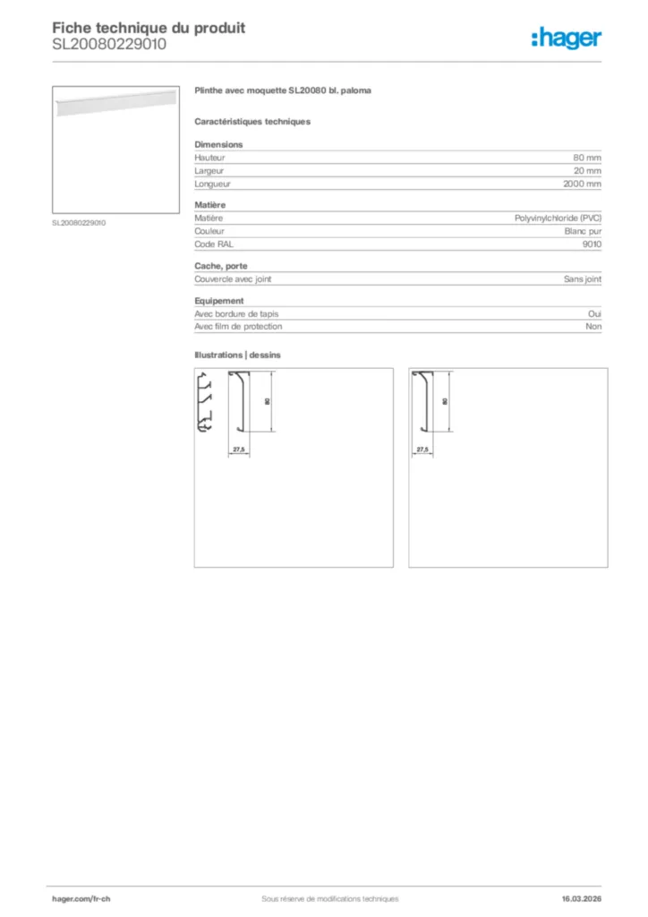 Image Hager Fiche technique du produit SL20080229010 | Hager Suisse