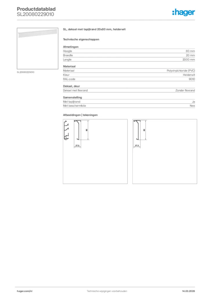 Afbeelding Hager Productdatablad SL20080229010 | Hager Nederland