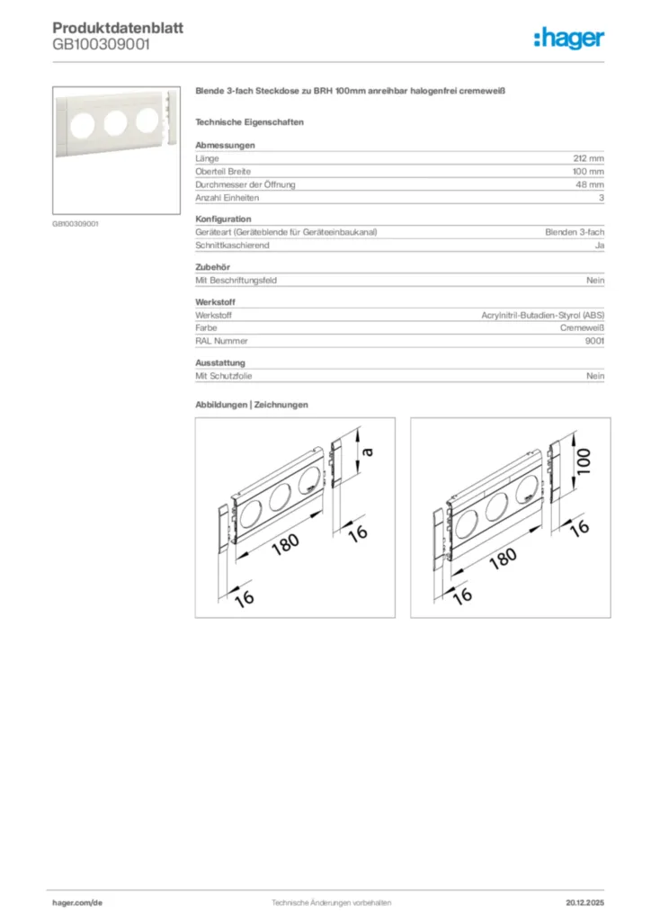 Bild Hager Produktdatenblatt GB100309001 | Hager Deutschland