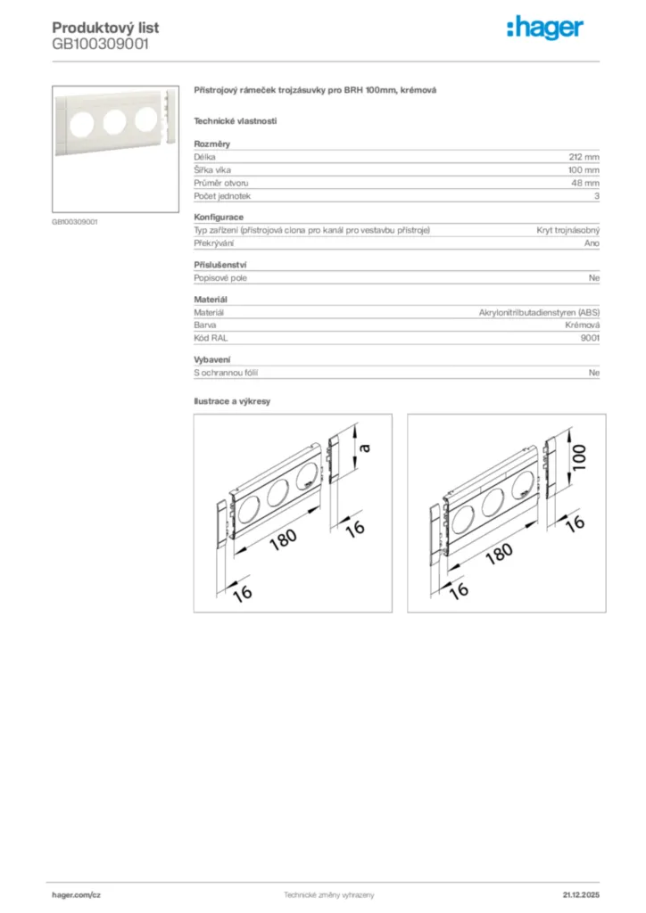 Obrázek Hager Produktový list GB100309001 | Hager